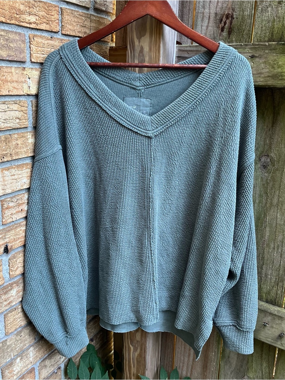 Aerie Oversized V-Neck Ribbed Sweater in Sage Green